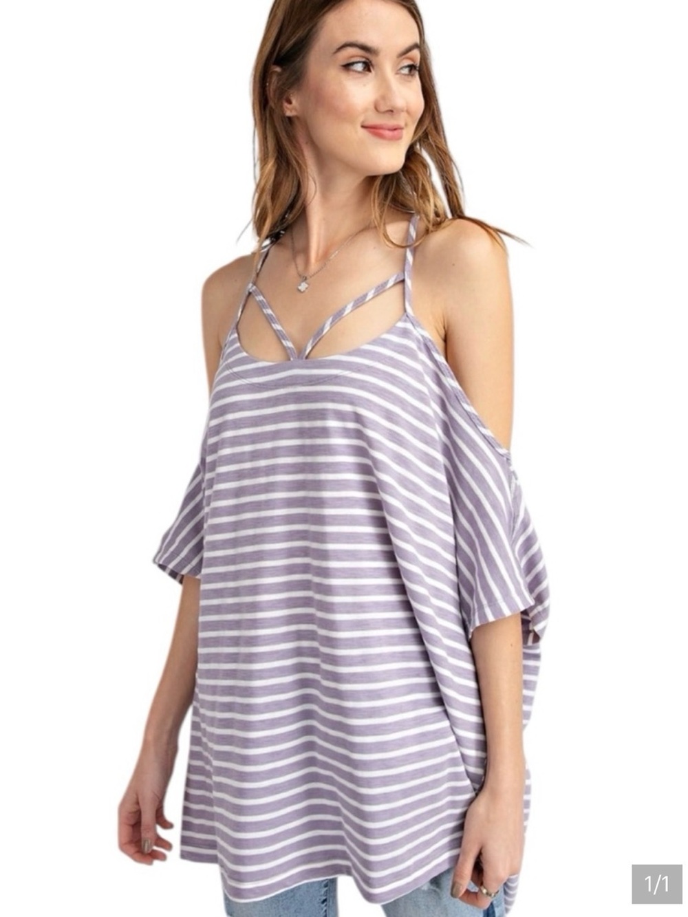 Striped Lavender Cold-Shoulder Tunic Top oversized